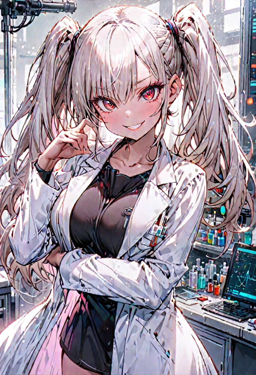 solo, female, tall, red eyes, long white hair, twin tails, , lab coat, lab, mischievous smile, fun pose, large breasts