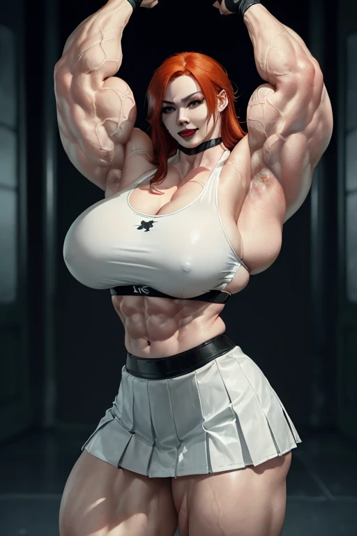 (((((Massive, tall, beautiful, pale white skinned, buff, muscular asian woman with red hair, black lipstick, ginormous bulky muscles and wearing a white leather sports bra with pleated skirt))))), (close view), (massive muscle), massive biceps, hyper muscle shoulders, vascular shoulders, hyper muscle triceps, (long hair), yellow eyes, (wristbands), choker, school shoes, (in penitentiary), fingerless gloves, closed smile, night, hyper vascular arm, hyper muscles arms, hyper muscle legs, massive arms.