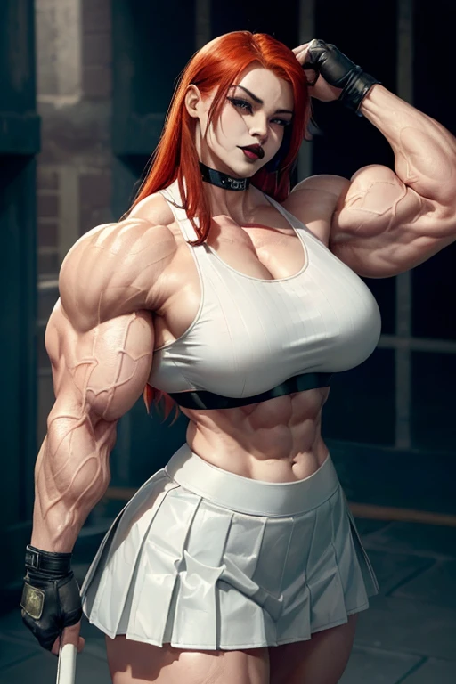 (((((Massive, tall, beautiful, pale white skinned, buff, muscular asian woman with red hair, black lipstick, ginormous bulky muscles and wearing a white leather sports bra with pleated skirt))))), (close view), (massive muscle), massive biceps, hyper muscle shoulders, vascular shoulders, hyper muscle triceps, (long hair), yellow eyes, (wristbands), choker, school shoes, (in penitentiary), fingerless gloves, closed smile, night, hyper vascular arm, hyper muscles arms, hyper muscle legs, massive arms.