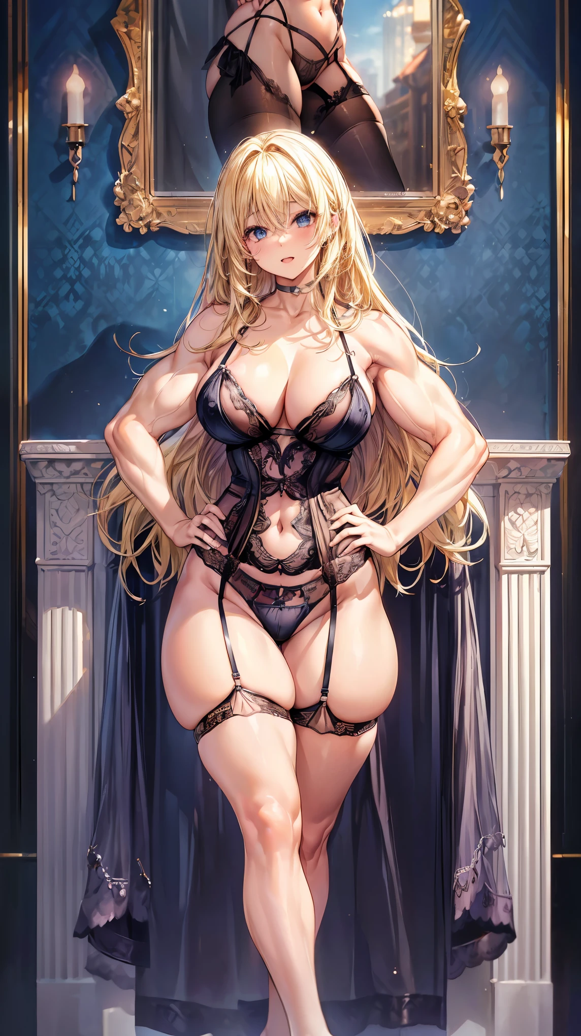 (Adult women:1.5)、Very detailed、highest quality、Best image quality、masterpiece、8k、Anime Face、A kind smile、(Open your mouth:1.3)、Sparkling blue eyes、(Blonde Hair:1.5)、(Muscles of the whole body:1.3)、(High leg:1.5)、Thigh belt、(Wearing lingerie:1.5)、(Cowboy Shot:1.5)、(SFW Giant)、(Put your hands on your hips)、(Thick body:1.5)