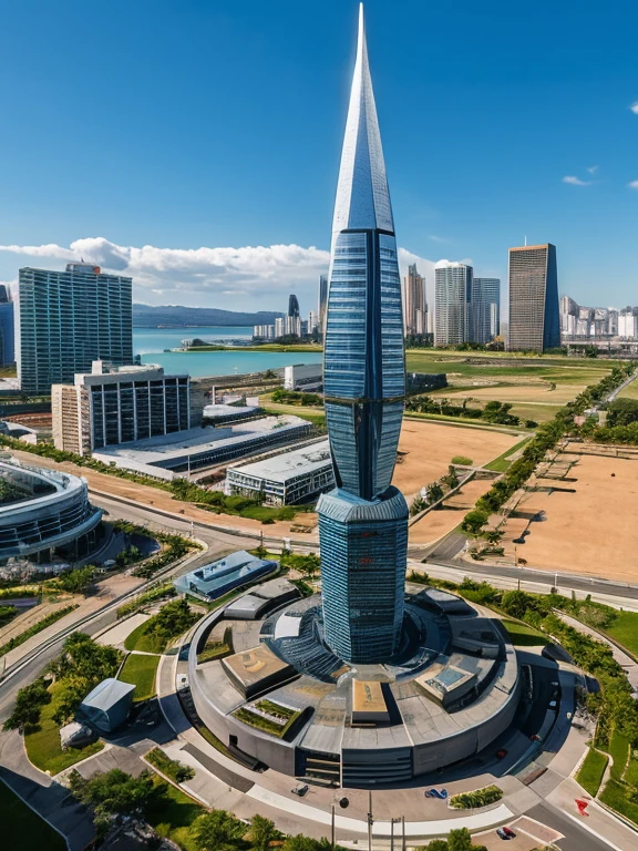 Gigantic futuristic monument that represents the military victory of an intergalactic civilization, super detailed, in an urban environment, super decorated