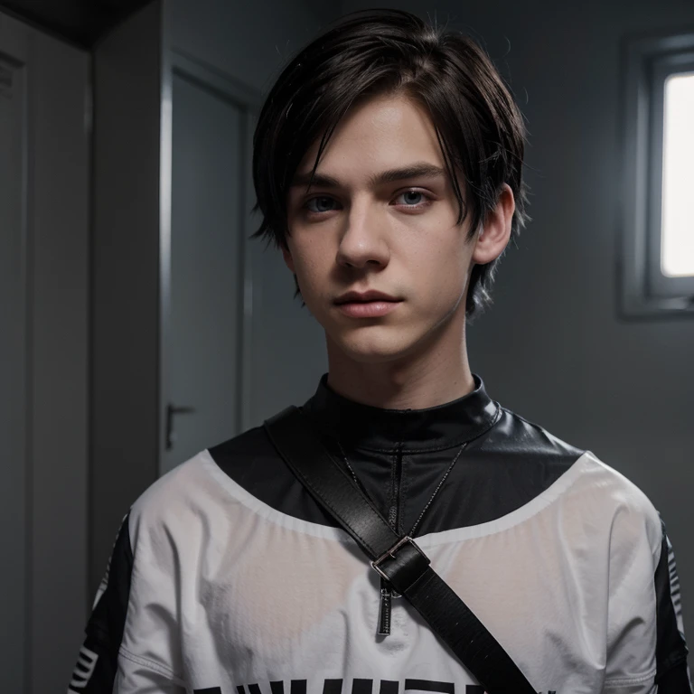 Emo boy polish from 2000, white complexion, blue-gray eyes, height 1.91 cm, dark brown emo hair, based on the character Dominik Santorski from the Polish movie Suicide Room very handsome , emo clothes