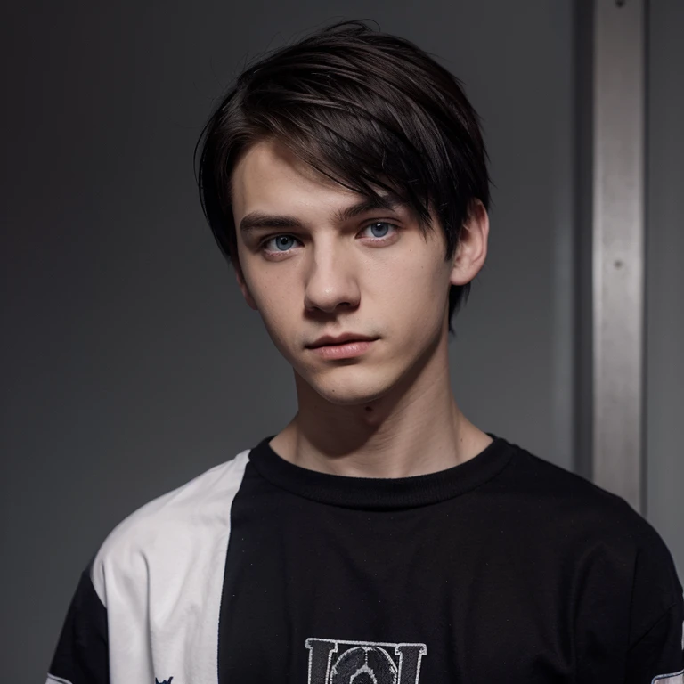 Emo boy polish from 2000, white complexion, blue-gray eyes, height 1.91 cm, dark brown emo hair, based on the character Dominik Santorski from the Polish movie Suicide Room very handsome , emo clothes