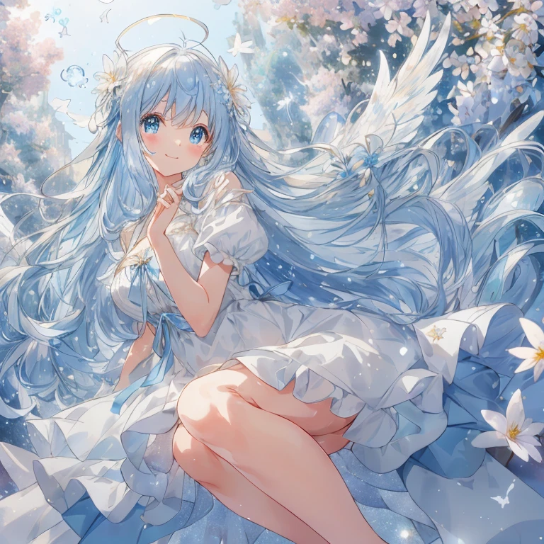 A dreamy, sparkling, cute atmosphere filled with lots of big soap bubbles floating in the air. A moe anime style bishoujo with big sparkling blue eyes and a fluffy appearance. Full body. A sparkling smiling face. She wears a light blue dress with detailed and delicate ruffles, and many ribbons and flower-shaped ornaments. She has fantastic, fine translucent white wings and an aura of magical light that accentuates the fantastic atmosphere. Her hair is voluminous and long wavy, with ribbons to match, giving her a cute and whimsical look. The background is a dreamy field of flowers and sparkling light amidst many large soap bubbles flying around, and the soft light blue color enhances her fantastic and gentle atmosphere. (( highest image quality, highest quality ))