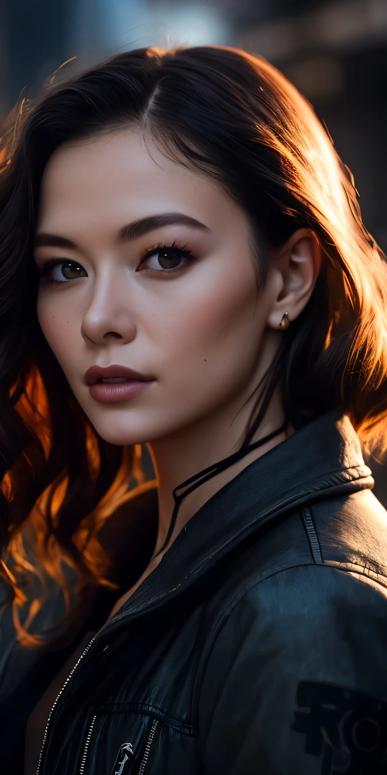 Full face portrait photo of 25 year old European girl, RAW, beautiful woman, semi-open strawberry lip, dimples, wistful expression, (extra long wavy brown hair), ((detailed face)), ((detailed facial features)), (fine detailed skin), pale skin, (detailed tech cyberpunk dress with deep neckline), Cyberpunk megacity environment, (cool colors), wet, damp, reflection, (masterpiece) (perfect proportions) (realistic photos) (highest quality) (detail) shot with Canon EOS R5, 50mm lens, f/2.8, HDR, (8k) (wallpaper) (cinematic lighting) (dramatic lighting) (sharp focus) (complex), raw photos, raw photos, gigachad photos, Camera Pose, Black Jeans, Back Arm, 8K UHD, DSLR, High Quality, Grain Film, Fujifilm XT3, Film Stock Photo 4 Kodak Portra 400 Camera F1.6 Lens Rich colors Ultra-realistic textures Dramatic lighting Unreal Engine Art Station Trends Cinestill 800 tungsten, toughboy style, Ultra focus face, intimidating, combat position, short messy hair, muscles, bursting veins, beads, black and long curly, ponytail,