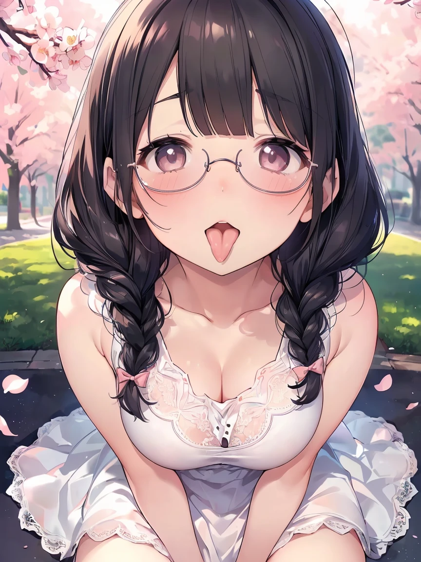 Very detailed, highest quality, High resolution, Moe Anime, ((A cute elementary school girl with black hair and droopy eyes)), ((Wearing large round glasses:1.4)), (Baby Face), Cute eyes, Detailed eye depiction, Sparkle in the eyes, View your viewers, Pale skin, (Big eyes:1.4, Droopy eyes:1.4, Fatty face:1.4), smile, Focus on the face, In the park with cherry blossoms falling, Sitting, (Extreme close up of tongue), (((From above))), Open your mouth, (((Face only:1.3))), ((white lace sleeveless dress)), Bright Eyes, Light from the front, (Put your hands between your legs:1.4), large and long tongue, Cleavage, Braided Hair, Pink ribbon