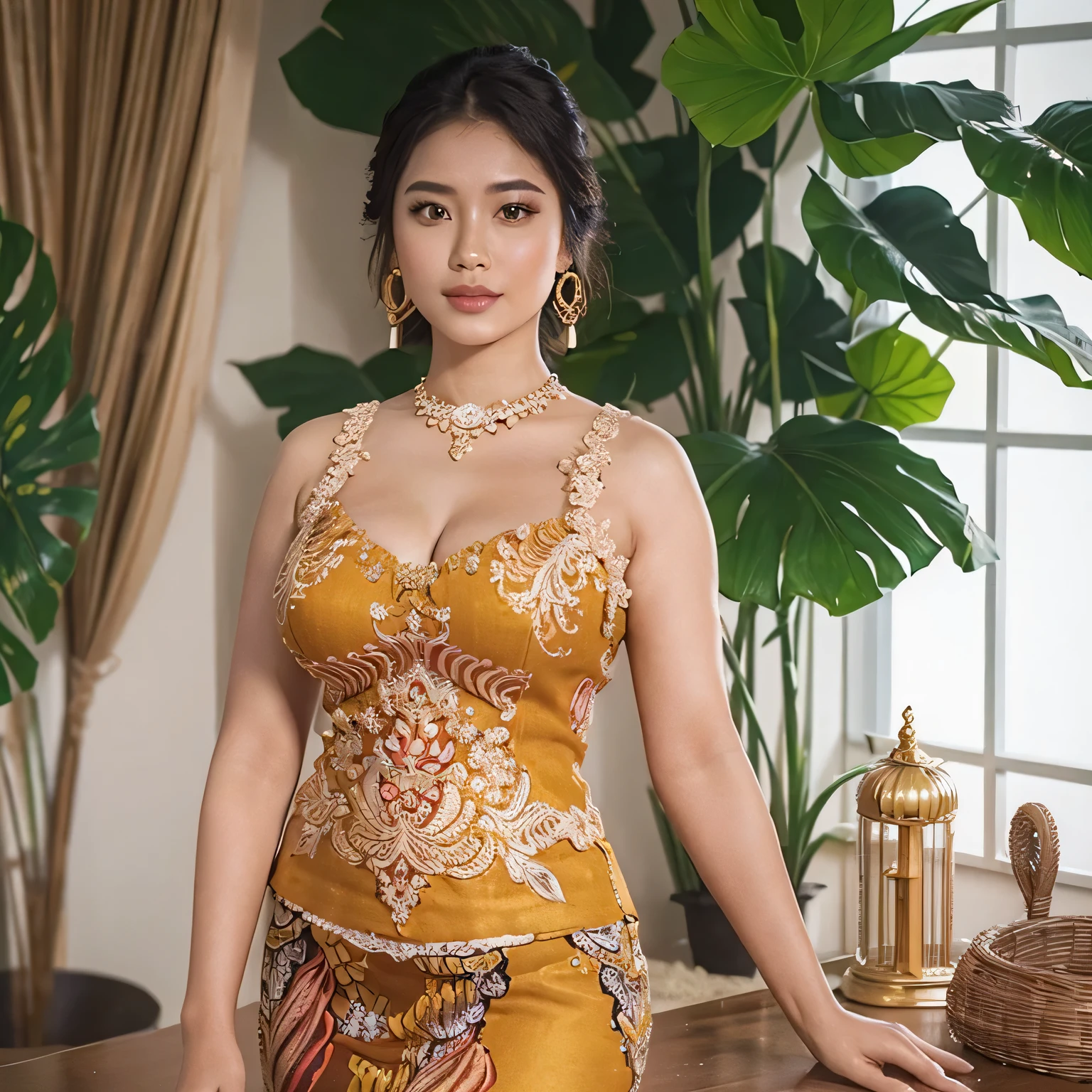 RAW, Best quality, high resolution, Masterpiece: 1.3, Busty blonde woman, wearing Traditional Indonesian Kebaya, Masterpiece, Soft expression, Realistic, 1 girl, Charming, alluring, voluptuous, ample bosom, Detailed clothes, intricate Batik prints, Javanese culture, elegant, posing confidently, Golden hoop earrings, fine jewelry, Fully dressed, classical Indonesia beauty, Rich colors, exotic, Indonesian island, Tropical background, lush greenery, sunset scene. 3D Octane rendering, ray tracing, super detailing viewer