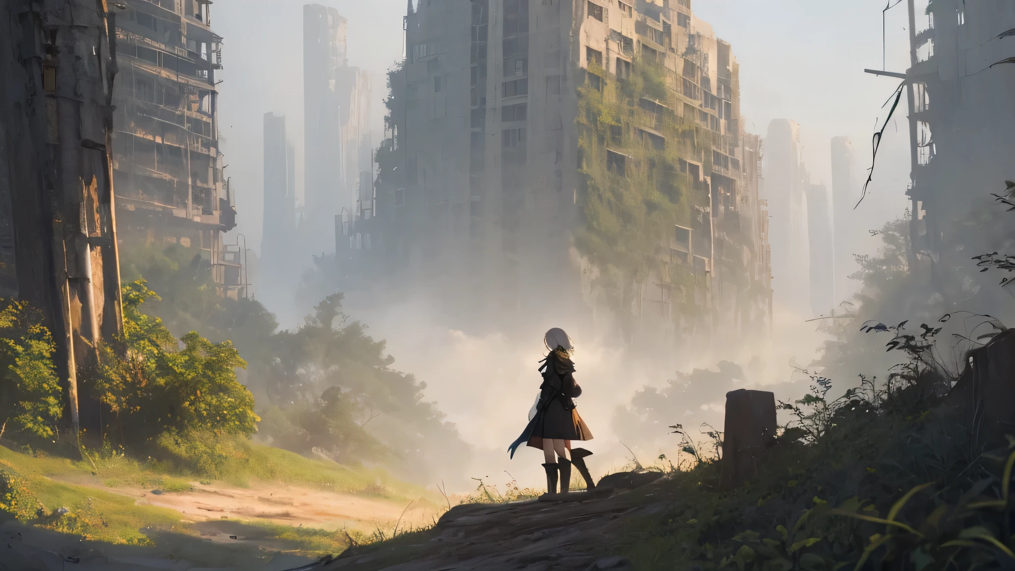 Imagine a widescreen vista inspired by NieR: Replicant, where the lush beauty of nature stretches out before you, punctuated by the presence of a young girl wearing knee-high boots. In the center of the composition, she stands amidst the verdant foliage and towering ruins, her figure a striking contrast against the backdrop of the post-apocalyptic landscape. With a sense of quiet determination, she gazes into the distance, her boots planted firmly on the moss-covered ground. Beyond her, the remnants of human civilization merge seamlessly with nature's embrace, creating a captivating tableau of resilience and renewal. Capture the essence of this widescreen scene, where the innocence of youth intersects with the untamed majesty of a world reborn.