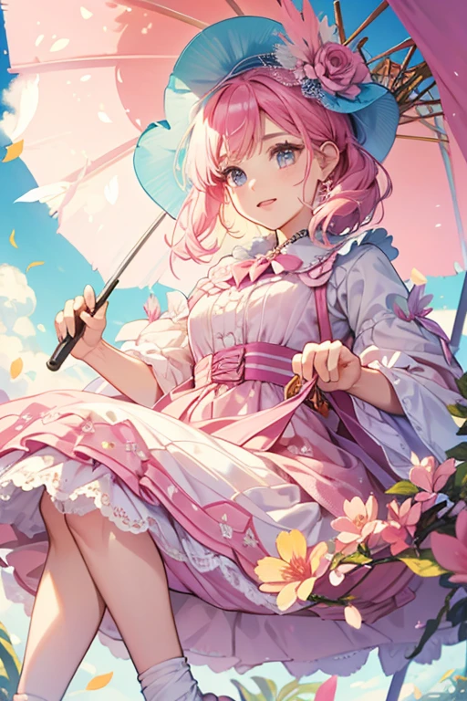 She descends from the ceiling on a flower-covered swing.
She holds a parasol and wears a hat and pink feather boa. SPARKLE; GLITTER
