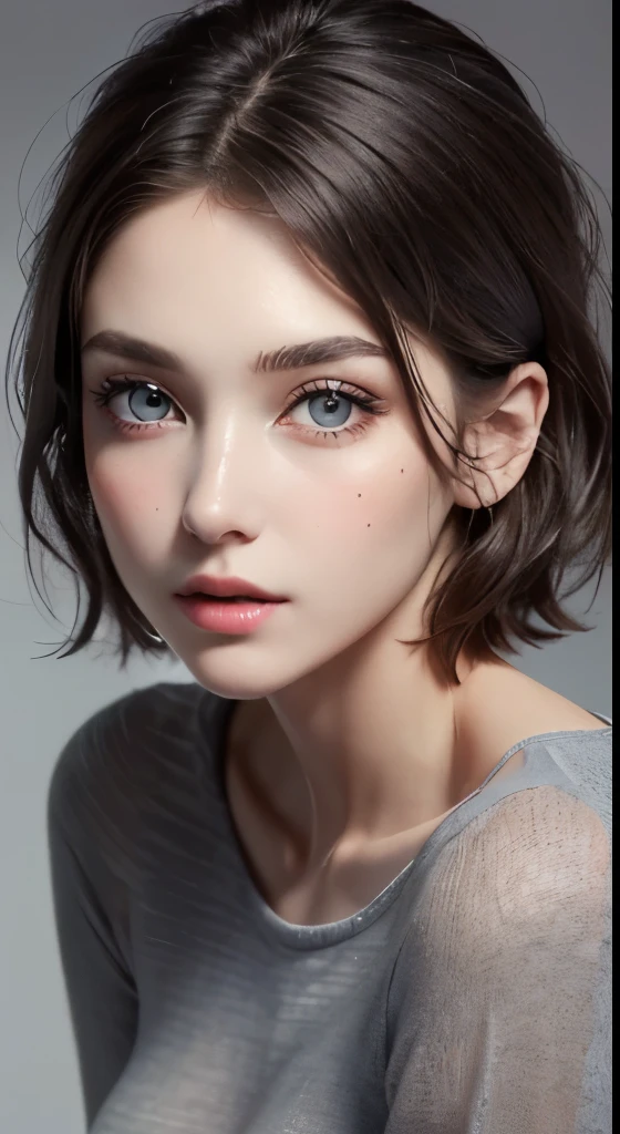 8k uhd、RAWphotograph、Model photo shoot、 (masterpiece, highest quality, photorealistic, High resolution, photograph: 1.3), Close-up, Focusing, hot models, slim, 30 year old mature woman、small face、short cut hair、dark brown hair、Detailed beautiful eyes、Real skin, (perfect body), Sexy hot face, erotic, sexual gaze, slim, Sweat top, Detailed beautiful eyes、glossy lips、small breasts、、bust B cup、((bright light、dynamic lighting、real、超real、 realism、realistic details、Cool Beauty、cool pose、sexy costume、background gray、Plain gray background