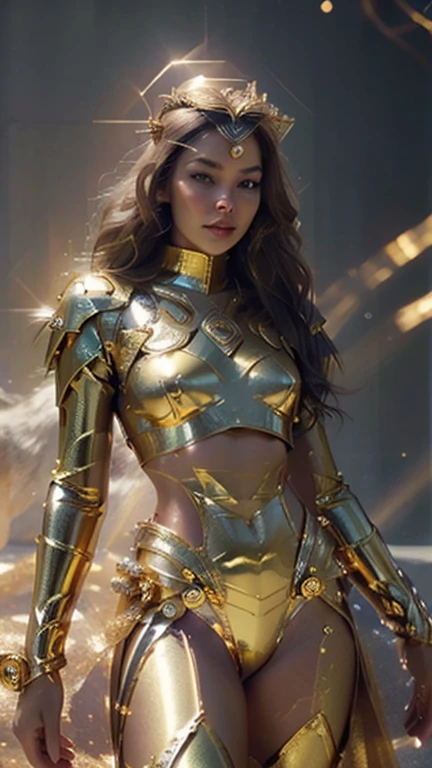 create a super beautiful photo of a goddess, wearing a gold outfit with crown and halo, with a mighty lion by her side, cinematic effect, extremely detailed, with intricate details, shinny, expensive, glorious, photorealistic, hyper realistic, glowing skin, gold holograpic shine effect on skin, HD quality, 8k, half body shot