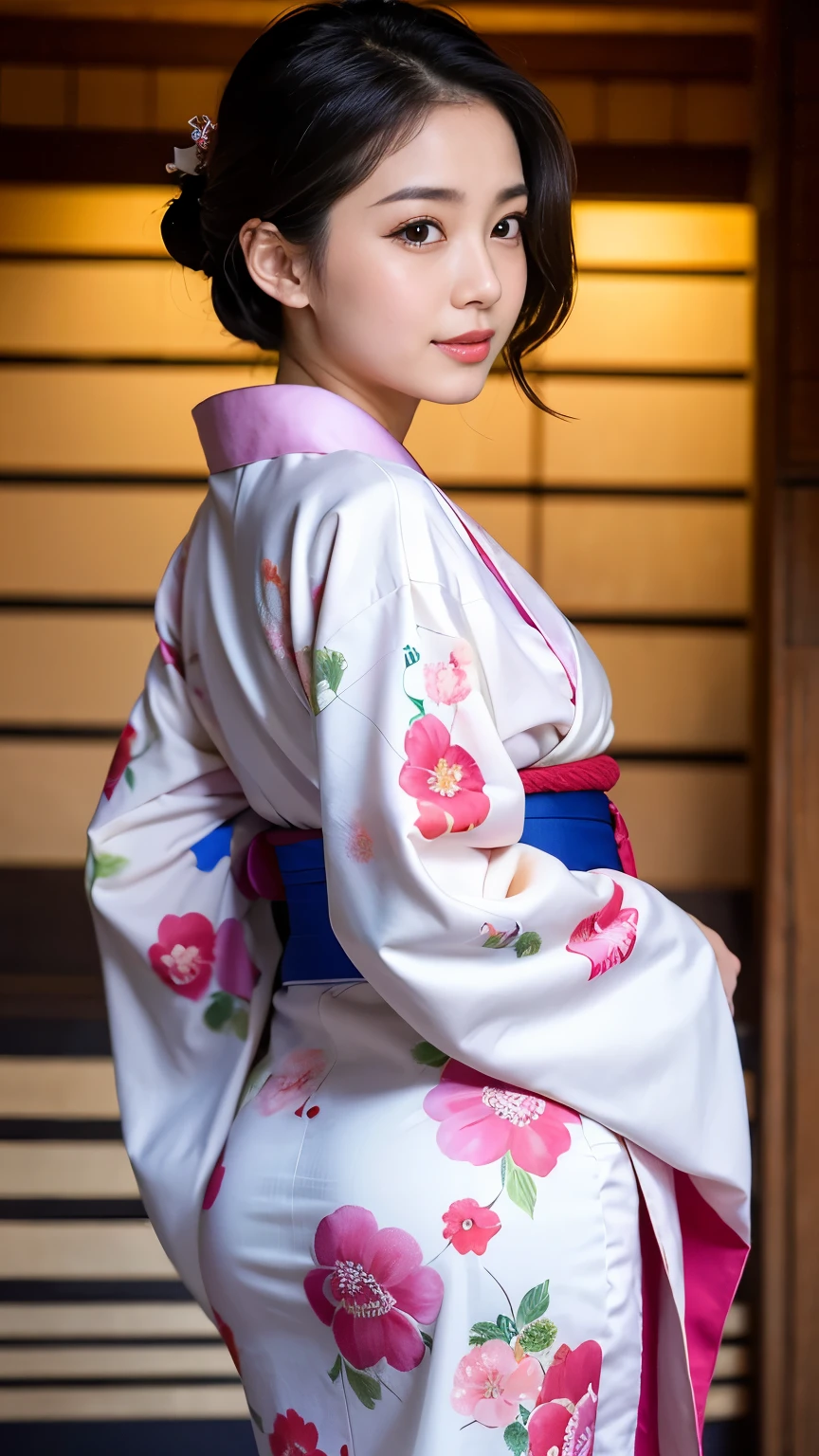 Best-quality, Masterpiece, Ultra-High-Resolution, (Photorealistic:1.4), Raw Photo, depth of field, professional lighting, perfect anatomy, extremely details, 1girl, Japanese idol, cowboy shot, wearing Japanese KIMONO, upturned ass that wearing Japanese KIMONO, extremely cute face, extremely beautiful and extremely big eyes, extremely beautiful short-cut-haired, extremely beautiful skins, realistic skin texture, extremely beautiful long-eyelashes, extremely beautiful lips, extremely beautiful hip that wearing Japanese-KIMONO, extremely beautiful ass that wearing Japanese KIMONO, looking at viewer, detailed Japanese-KIMONO