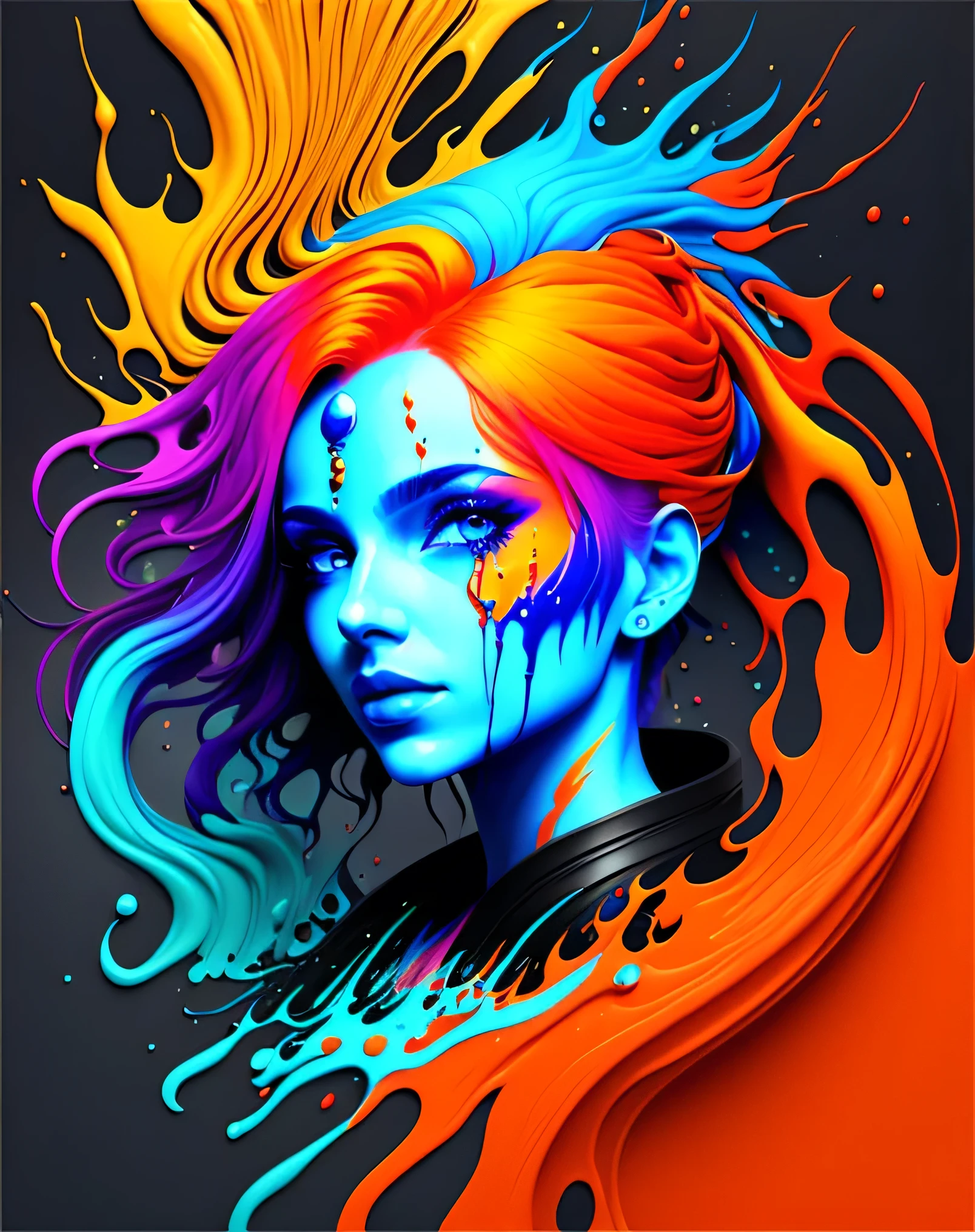 a painting of a woman with colorful hair, fantasy game spell icon, splashes of liquid, computer game art, hyperdetailed colourful, fantasy colours, avatar image, strong blue and orange colors, beautiful avatar pictures, body painted with black fluid, digital art h 9 6 0, rich colourful