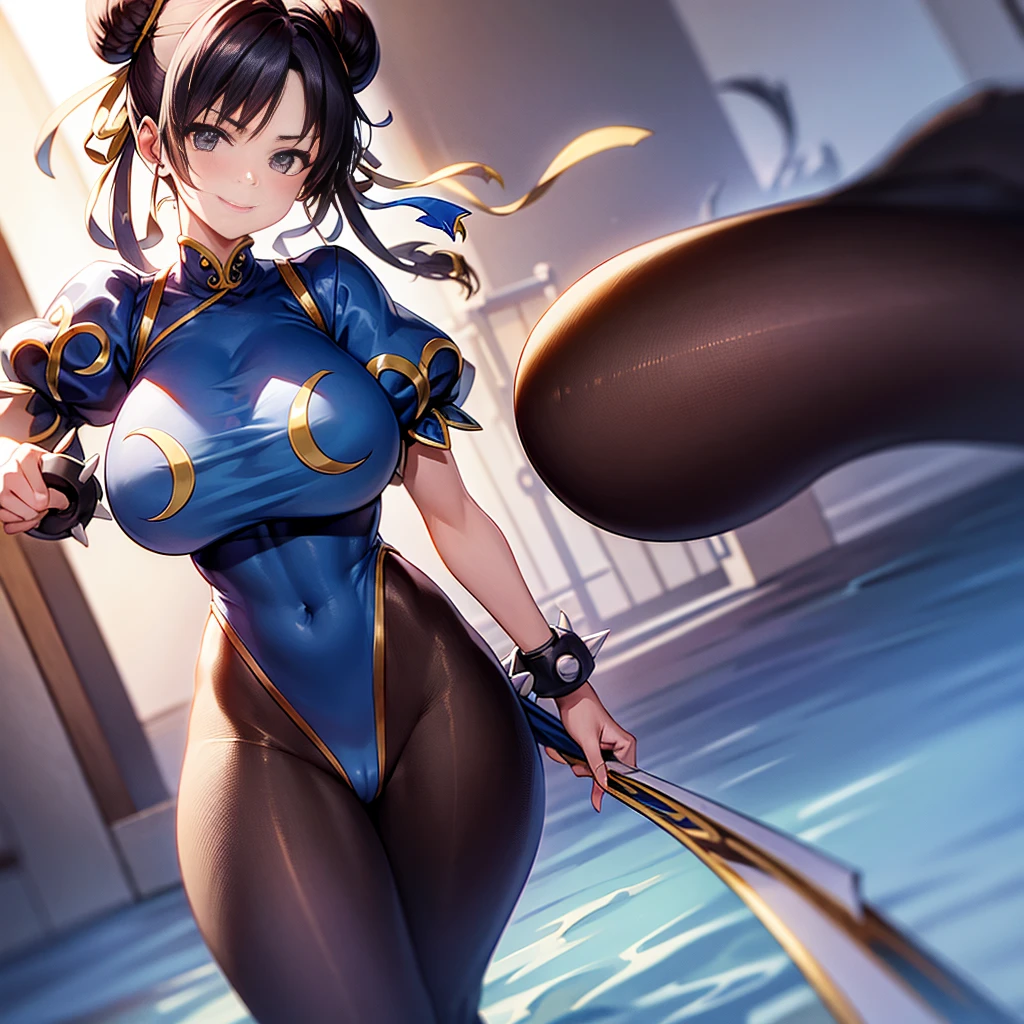 semi nua,roupa azul,solo, low lighting, chun li masterpiece, best quality, agrias, grey sweater, black leotard, standing, looking at viewer, black hair,angry,smile,sunset,lago, reflexo na agua, por do sol