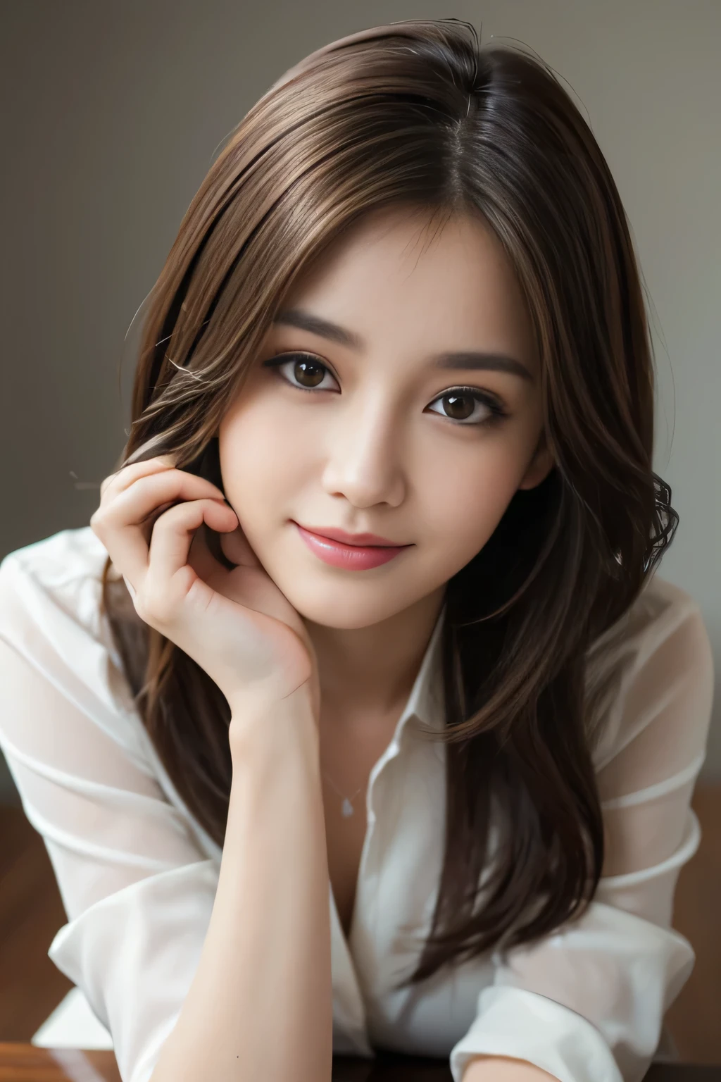 On the table, highest quality, practical, Super detailed, finely, High resolution, 8k wallpaper, One beautiful woman,, Light brown messy hair, Wearing a suit, Clear focus, Perfect dynamic composition, Beautiful and delicate eyes, Thinning hair, Detailed practical skin texture, smile, Close-up portrait, model diagram
