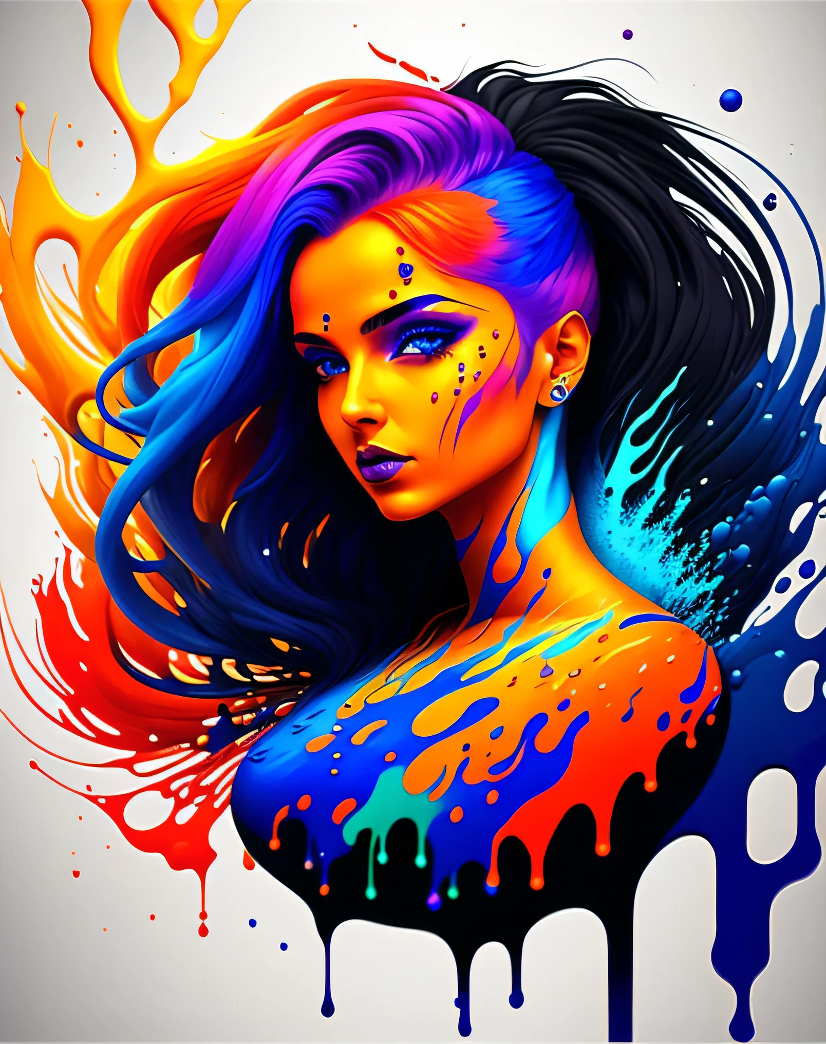 a painting of a woman with colorful hair, fantasy game spell icon, splashes of liquid, computer game art, hyperdetailed colourful, fantasy colours, avatar image, strong blue and orange colors, beautiful avatar pictures, body painted with black fluid, digital art h 9 6 0, rich colourful