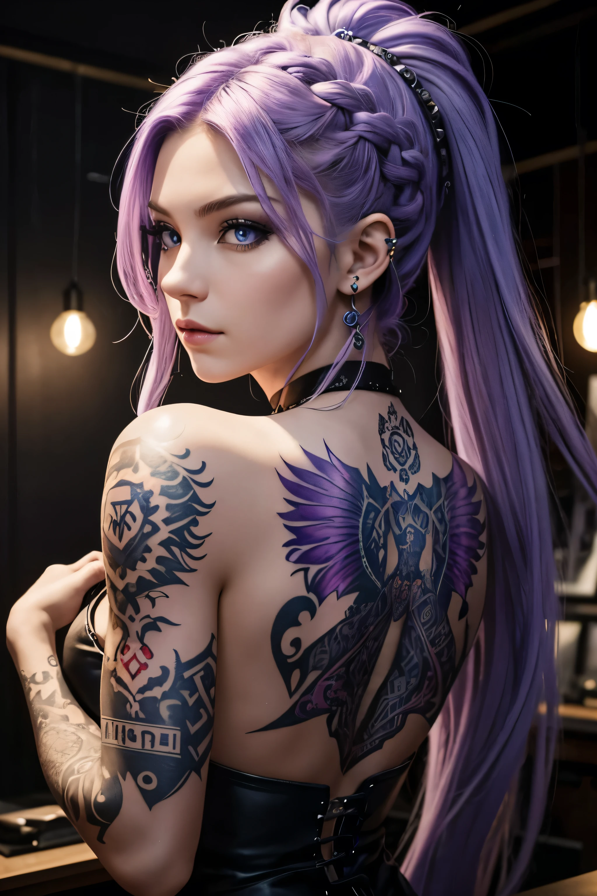 A female tattoo artist with a viking hairstyle, long flowing hair, and white and purple hair. Her hair is intricately braided with beads and feathers. She has piercing blue eyes that captivate anyone who gazes into them. Her lips are full and painted with a deep shade of red. She is wearing a leather apron, adorned with various tattoo machine accessories. The studio is filled with the buzzing sound of the tattoo machine and the scent of ink. Colorful tattoo designs are displayed on the walls, showcasing her artistic skills and creativity. The artist is working on a client's arm, carefully crafting a vibrant and detailed sleeve tattoo. The tattoo design incorporates elements of Norse mythology, with intertwining dragons and Nordic symbols. The lighting in the studio is dim, accentuating the vibrant colors of the tattoos and creating a mysterious atmosphere. The overall image quality is high-resolution, bringing out every intricate detail of the tattoos. The artwork has a realistic and vivid style, with the colors popping out and creating a visually stunning effect. The color palette consists of deep purples, blues, and hints of vibrant red, giving the image a mystical and enchanting vibe. The scene is illuminated by soft, warm studio lighting, casting subtle shadows and adding depth to the image. The artist's talent and passion are evident in her focused expression and precise movements as she creates her art. The overall atmosphere is that of creativity, artistry, and empowerment, capturing the spirit of a female tattoo artist in her element.