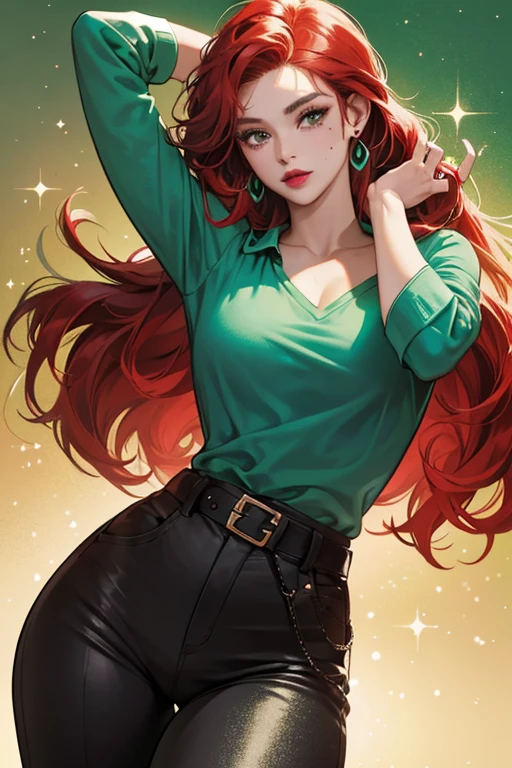 Bella has green-turquoise skin with longish red hair curled at the end, green earrings, red lipstick and a mole under her eye. wear tight black pants and shirt with a brown belt and grey gloves. SPARKLE; GLITTER