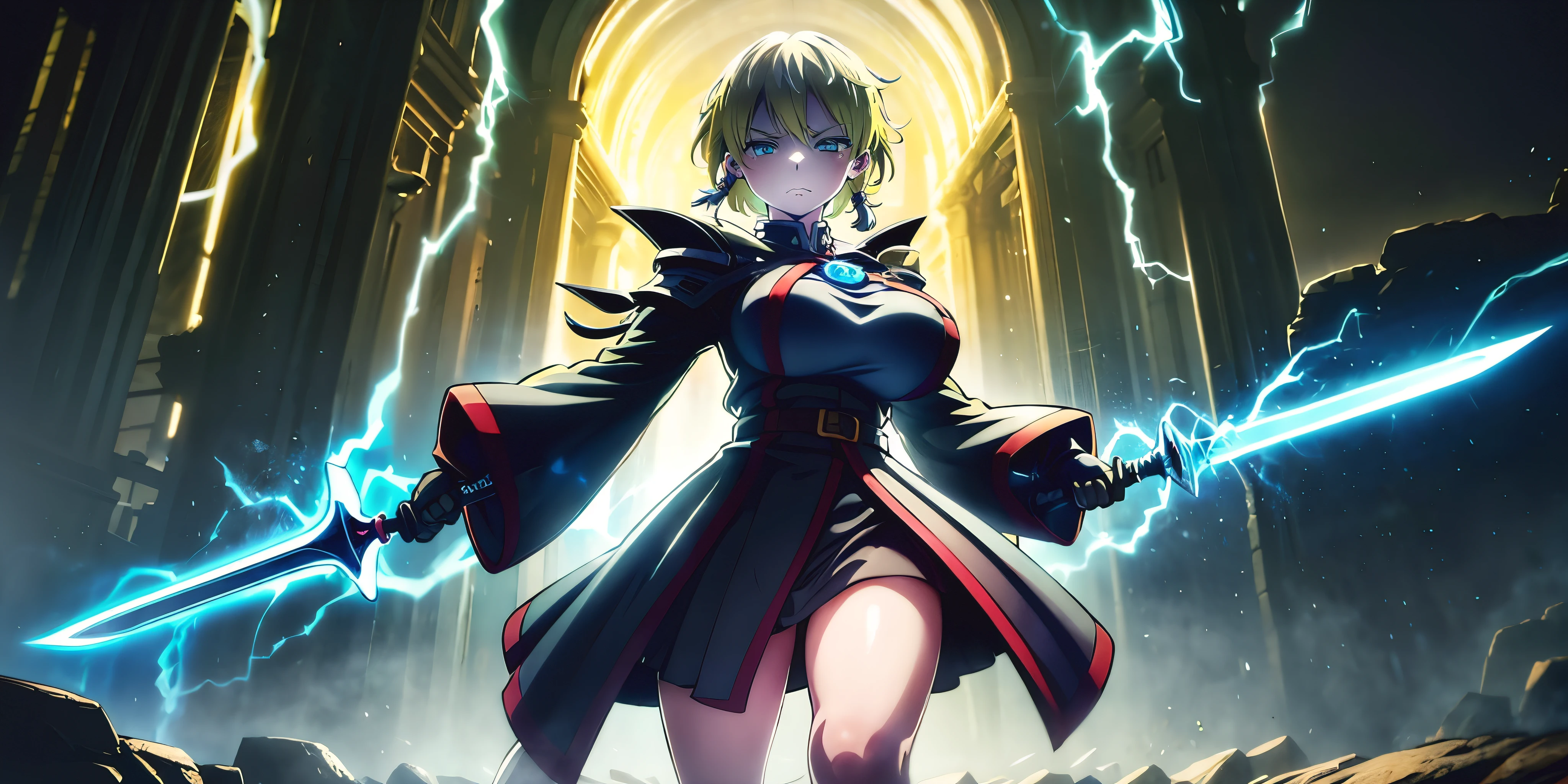 tenka izumo, short hair, blue eyes, blonde hair, anatomically correct, heavy breathing, ????????????, 1girl, holding, sword, black_hair, solo, holding_weapon, long_hair, holding_sword, jewelry, skirt, standing, dual_wielding, closed_mouth, glowing, bangs, gloves, earrings, looking_at_viewer, long_sleeves, cowboy_shot, glowing_weapon, sweating, steaming body, fog, (electricity:1.3), (shaded face:1.2), hollow eyes, blue eyes, looking at viewer, (heavy breathing:1.2), expressionless, glaring eyes, (anime coloring, anime screencap)
