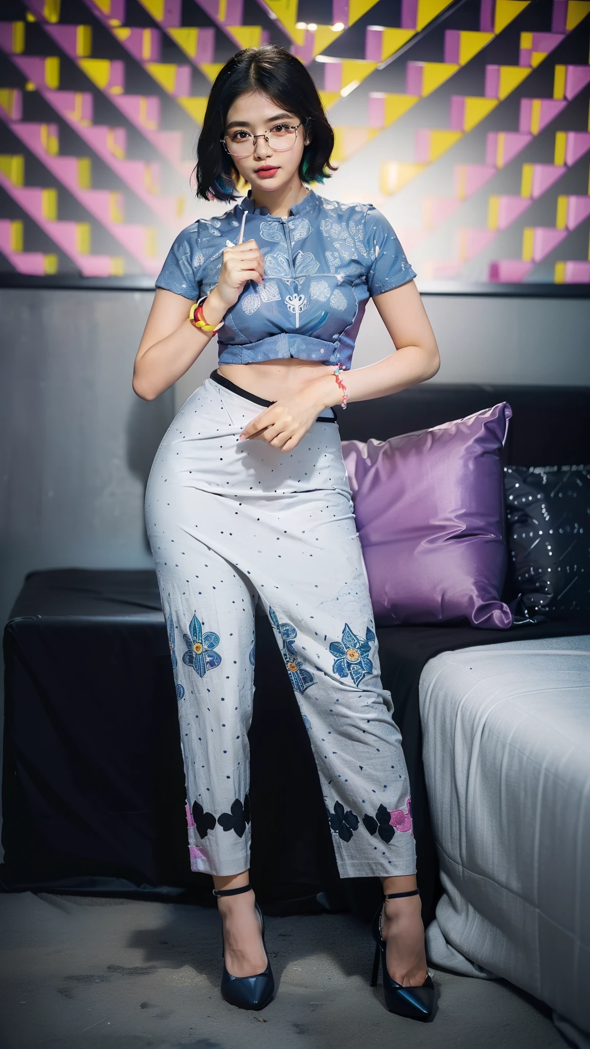 ,(full body:1.5),(((only one girl)):1.4),(view the viewer:1.4),((anatomy correct):1.45),(((dancing in the bed room , Perfectly integrated background))):1.3),(she wears large glasses and Holding bra & pantie in her hand:1.2),(shy:1.15),(( the rice stick set):1.2),(((((((patterns)))))) ,((thick Mrs)):1.3),((tight Mrs)):1.3)(pantie line)(high heels leather shoe:1.1),((Long legs and large chest):1.3),((((colorful))):1.4),(Accurate and perfect face:1.3),((black short hair):1.2),hyper HD, Ray traching, reflective light, structurally correct, Award-Awarded, high detail, lighten shade contrast, Face lighting ,cinematic lighting, masterpiece, super detailing, high quality, high detail, best quality, 16k,High contrast,