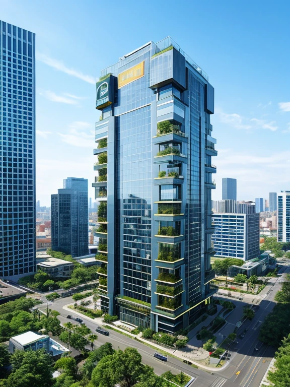 Futuristic banking type building, very tall and huge, very detailed and decorated, in a futuristic urban environment,