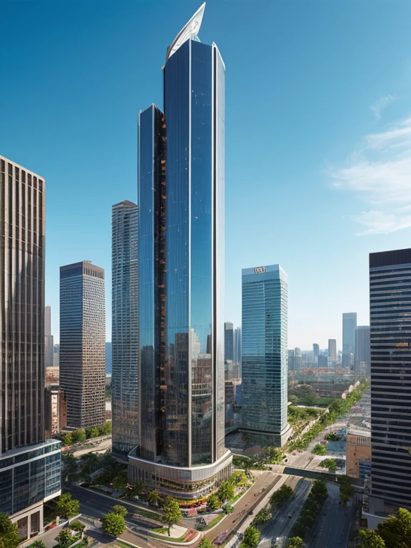 Futuristic banking type building, very tall and huge, very detailed and decorated, in a futuristic urban environment,