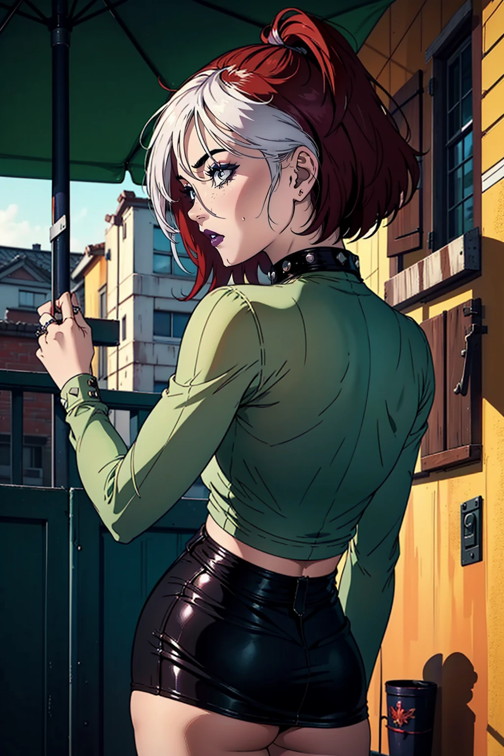 (masterpiece, best quality, ultra-detailed), 1girl, RogueXME, two-tone hair, (red hair), white bangs, green eyes, purple makeup, purple lipstick, studded collar, medium breasts, green shirt, black skirt, mini skirt, outdoors, backwards, looking back