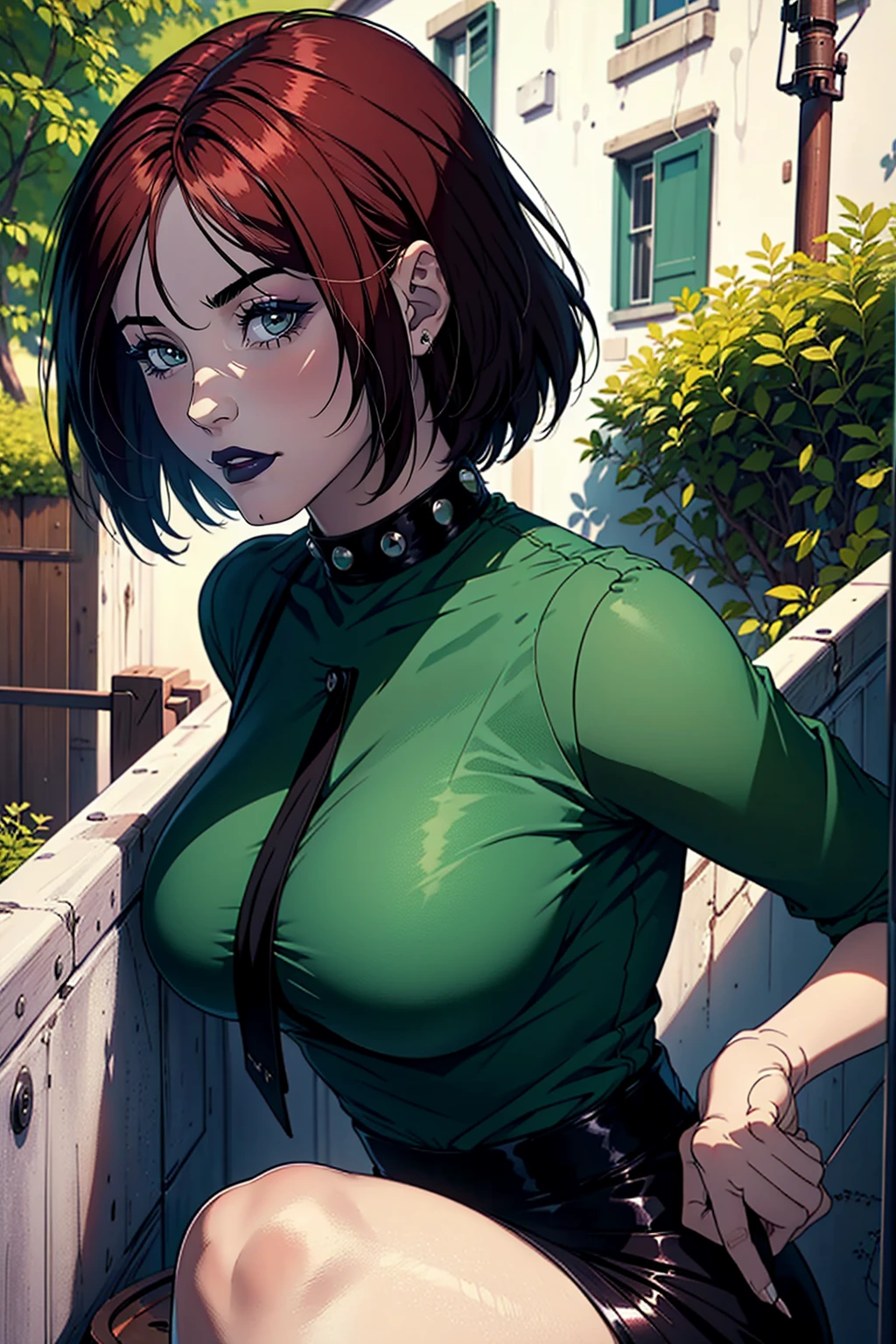 (masterpiece, best quality, ultra-detailed), 1girl, RogueXME, two-tone hair, (red hair), white bangs, green eyes, purple makeup, purple lipstick, studded collar, medium breasts, green shirt, black skirt, mini skirt, outdoors, backwards, looking back