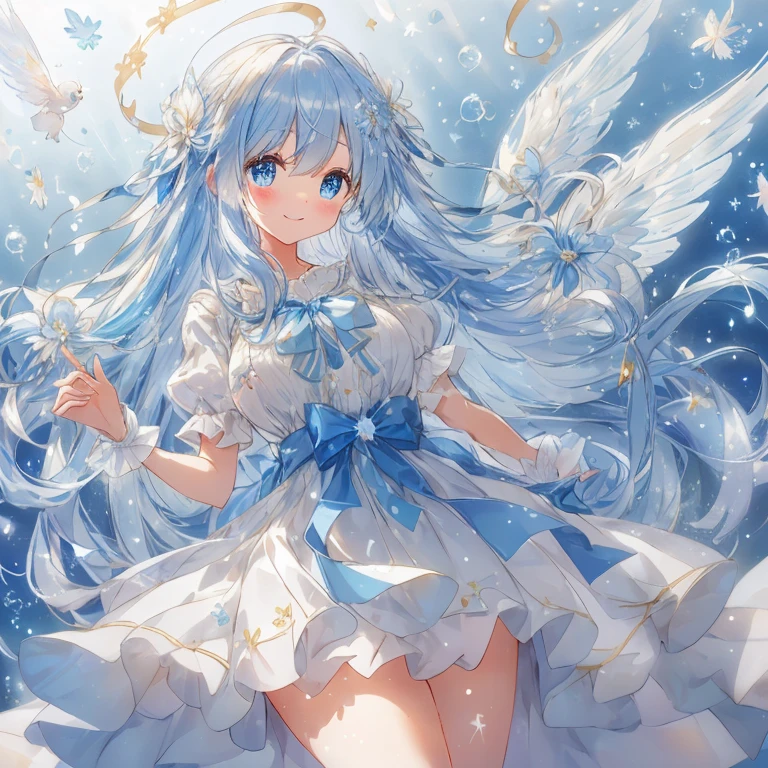 A dreamy, sparkling, cute atmosphere filled with many large soap bubbles floating in the air. A moe anime style bishoujo with big sparkling blue eyes and a fluffy appearance. Full body. A sparkling smiling face. She wears a light blue dress with detailed and delicate ruffles, and many ribbons and flower-shaped ornaments. She has fantastic, fine translucent white wings and an aura of magical light that accentuates the fantastic atmosphere. Her hair is voluminous and long wavy, with ribbons to match, giving her a cute and whimsical look. The background is sparkling amidst lots of fluffy soap bubbles and large soap bubbles flying around, and the soft light blue color enhances her fantastical and gentle atmosphere. (( highest image quality, highest quality ))