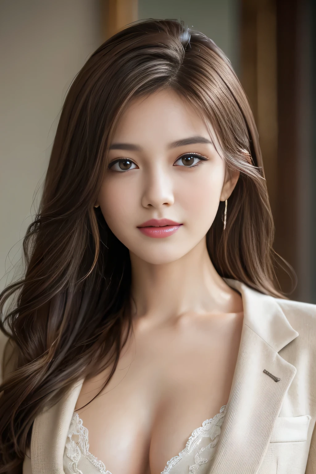 On the table, highest quality, practical, Super detailed, finely, High resolution, 8k wallpaper, One beautiful woman,, Light brown messy hair, Wearing a suit, Clear focus, Perfect dynamic composition, Beautiful and delicate eyes, Thinning hair, Detailed practical skin texture, smile, Close-up portrait, model diagram