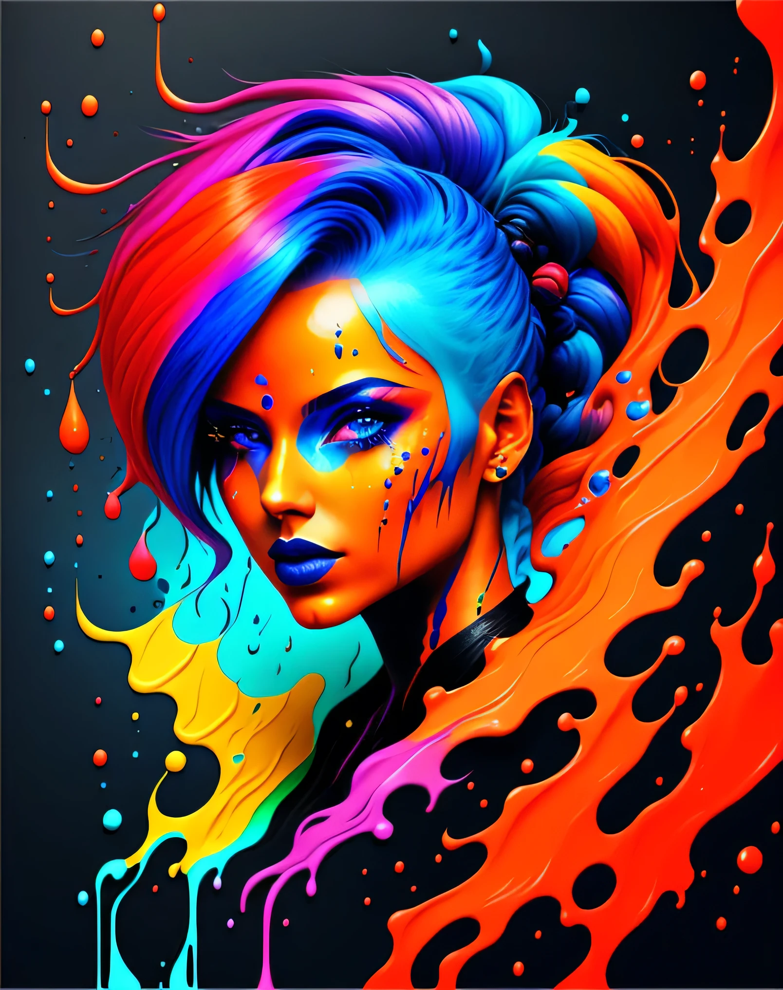 a painting of a woman with colorful hair, fantasy game spell icon, splashes of liquid, computer game art, hyperdetailed colourful, fantasy colours, avatar image, strong blue and orange colors, beautiful avatar pictures, body painted with black fluid, digital art h 9 6 0, rich colourful