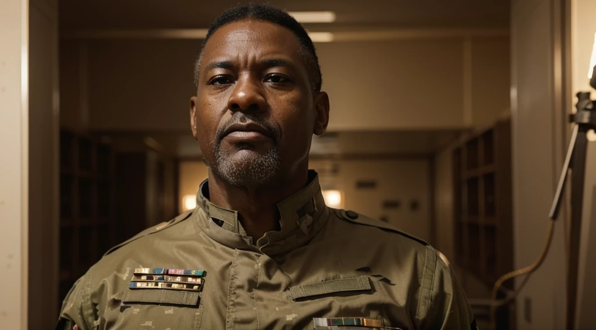 mature African-American man, short, well-combed curly hair, wears a general's military suit with beige medals, is in a military bunker, radar screens, Ultra detailed, hyper realistic, 4k, Ultra detailed image, realistic, Highly detailed, perfect composition , Splendid , Intricately detailed, Incredibly detailed, 8K fine art photography, hyper detailed, Masterpiece, Ultra detailed, hyper realistic, 4k, Ultra image detailed, realistic, highly detailed, perfect composition, gorgeous, intricately detailed, incredibly detailed, 8K fine art photography, hyper-detailed, masterpiece