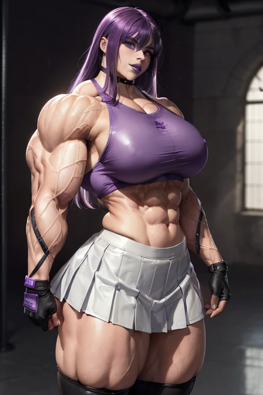 (((((Massive, tall, beautiful, pale white skinned, buff, muscular woman with violet purple hair, black lipstick, ginormous bulky muscles and wearing a white leather sports bra with pleated skirt))))), (close view), (massive muscle), massive biceps, hyper muscle shoulders, vascular shoulders, hyper muscle triceps, (long hair with long bangs), black eyes, (wristbands), choker, school shoes, (in penitentiary), fingerless gloves, closed smile, night, hyper vascular arm, hyper muscles arms, hyper muscle legs, massive arms.