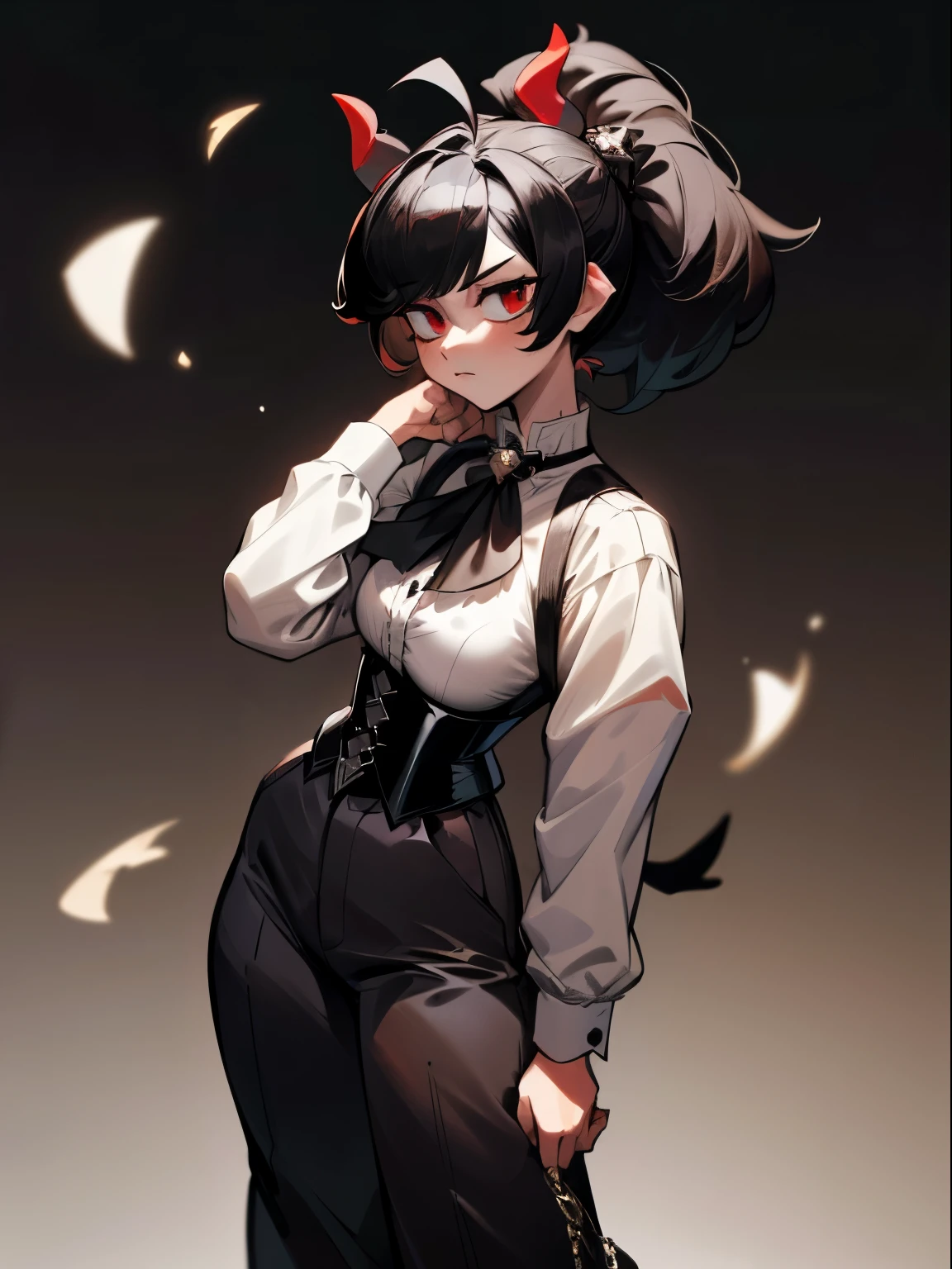 ((masterpiece, best quality)), (1girl), (solo), (female focus) (young woman), (ahoge, black hair, ponytail), red eyes, a bangs on the left side, (white shirt, rhinestone corset), ((black pants)) (little horns) (harness on the waist), standing, white background