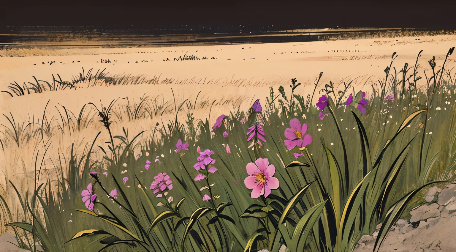 boho style, foxglove flowers in tall grass growing against a dark background