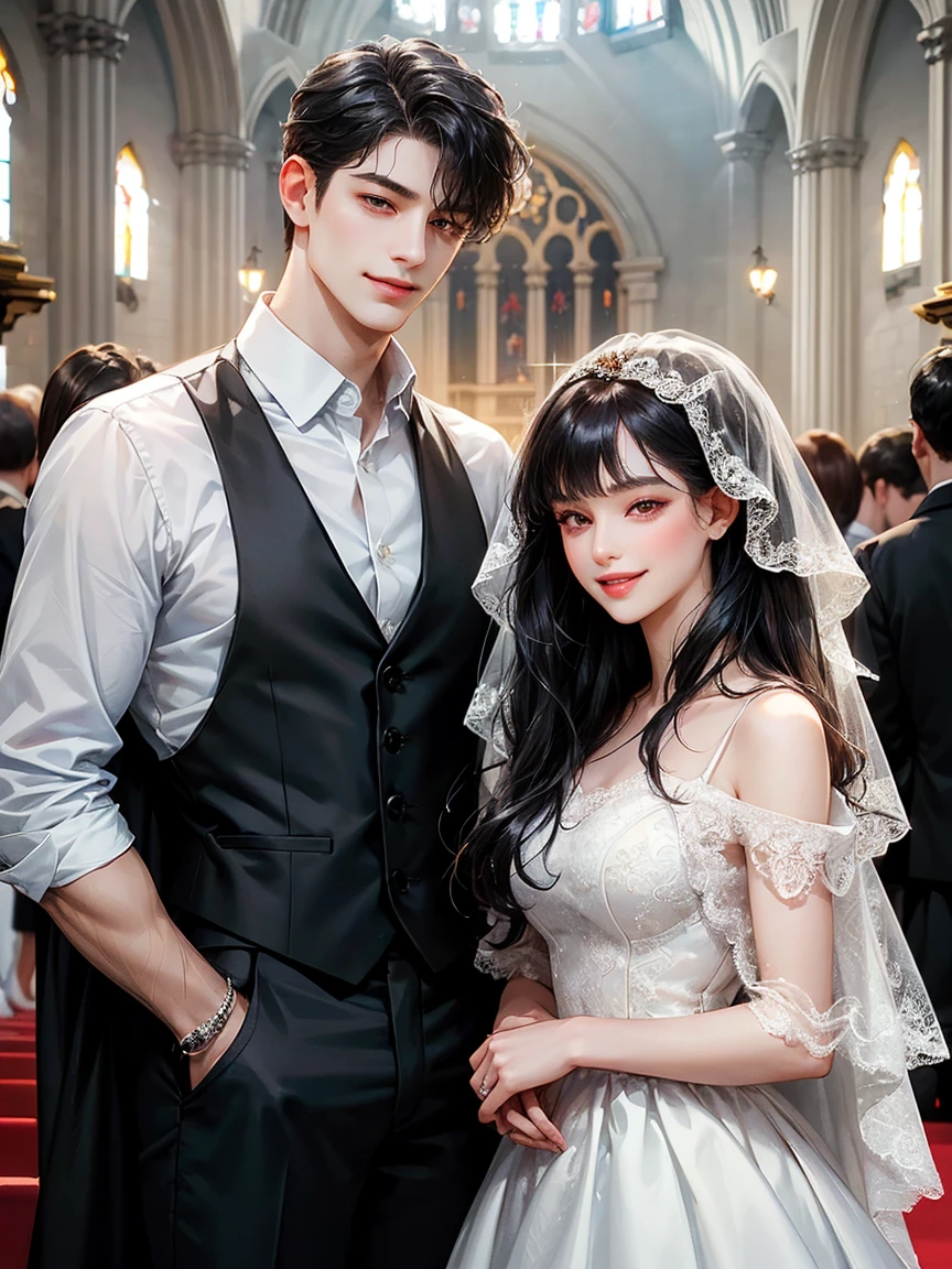 Couple, 1 girl 1 boy, different hair colors, long black wavy hair with bangs and black eyes, white wedding dress, short black hair and (red eyes). Open black shirt and jeans, different heights, detailed eyes, men grinning at (women). The woman smiles facing (the man). Church setting