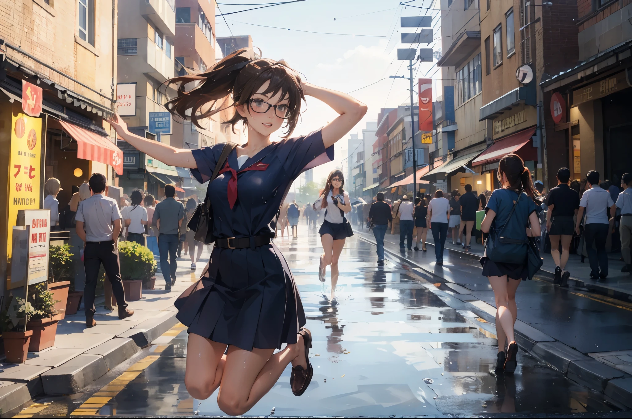 (super flat, flat shading), Honors Type, Really blushing, 17 years old, high school girl, wearing short sleeves one-piece dress:1.5, mini skirt fluttering in the wind, Loafer, ponytail brown hair, Glasses, sweaty healthy body, sweaty soaking wet full body, smile, bare legs, armpit, navel, ultra realistic, early morning, breeze, (jumping:1.2), in crowded public street,