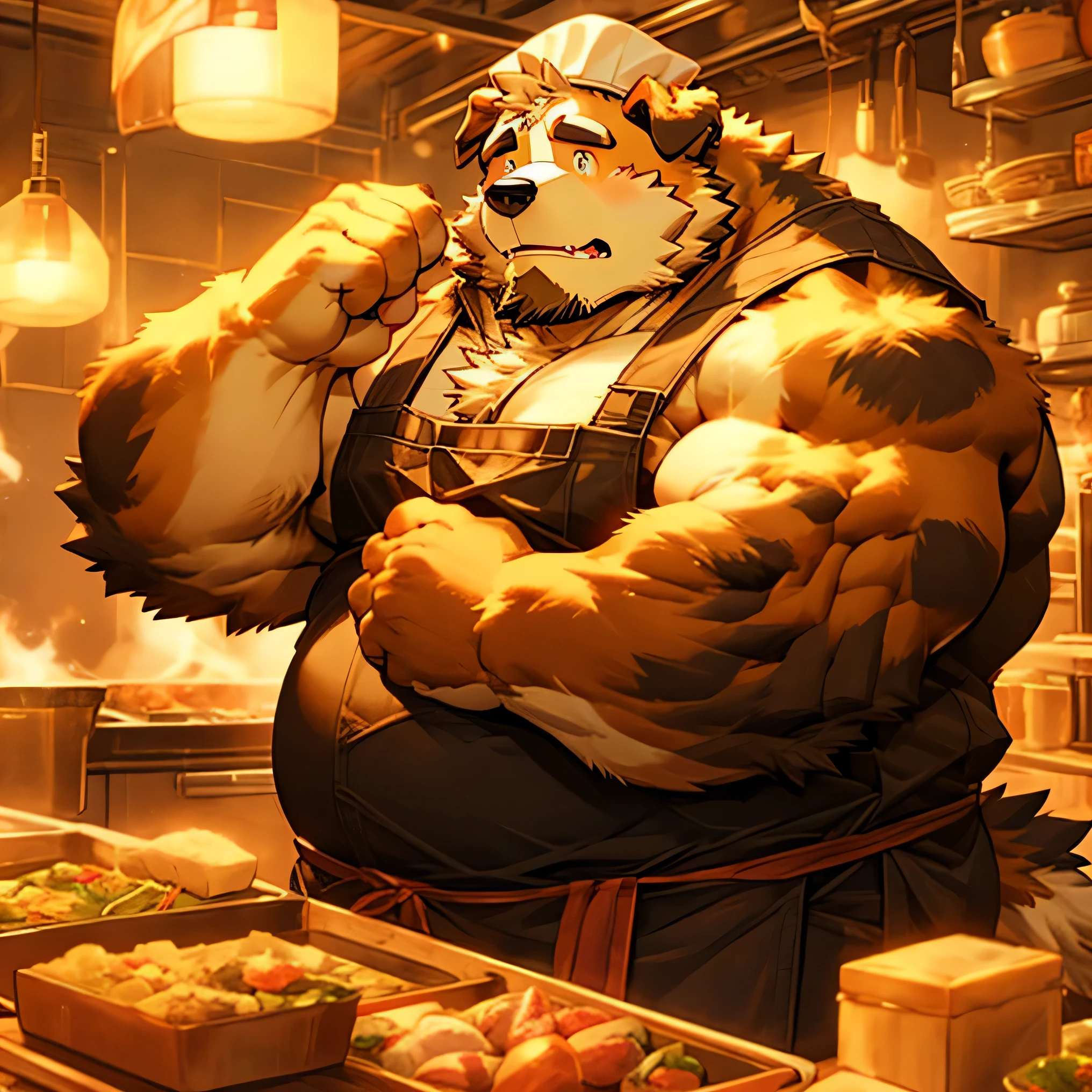 chef's cap, man, alone, apron, kemono, from below, barazoku, looking up, furry dog (Saint Bernard breed), hairy, muscular body, fat (fat, fat)