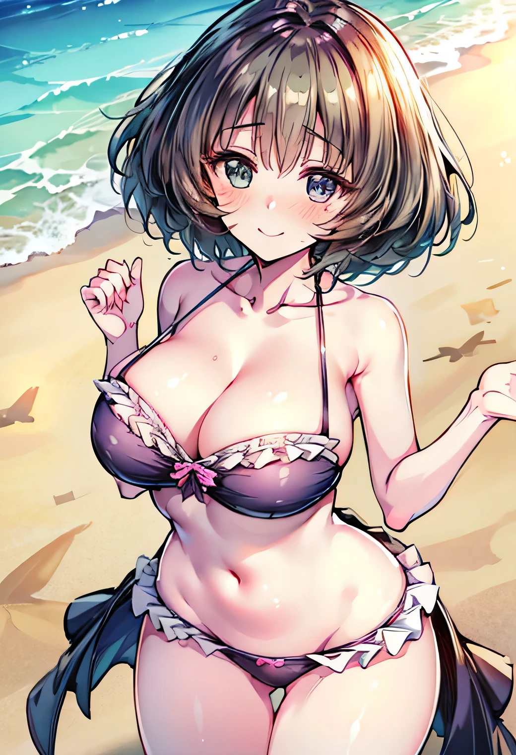 Anime illustration、highest quality、Sandy Beach、Image Video、Idol、Perfect proportions、Frilled bikini、Overwhelmingly large breasts、Very thick legs、Beautiful, shining eyes、Blushed、smile、Cowboy Shot