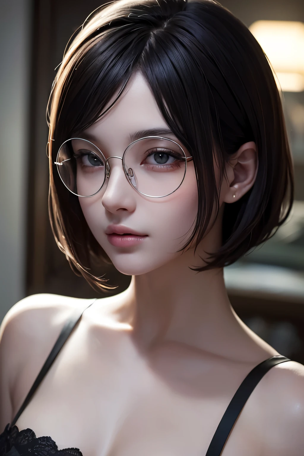 (RAW photo, best quality), (realistic, photo-realistic:1.2), 1girl, high quality, (high detailed skin:1.4), puffy eyes, glasses, gorgeous hair,  (dark room:1.3), (rim lighting:1.3), (dimly lit:1.3), (dark night:1.3), indoors, portrait, black hair, dark background, short hair,  