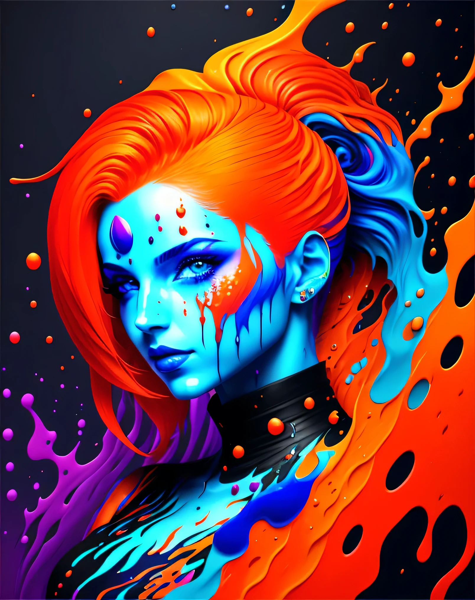 a painting of a woman with colorful hair, fantasy game spell icon, splashes of liquid, computer game art, hyperdetailed colourful, fantasy colours, avatar image, strong blue and orange colors, beautiful avatar pictures, body painted with black fluid, digital art h 9 6 0, rich colourful