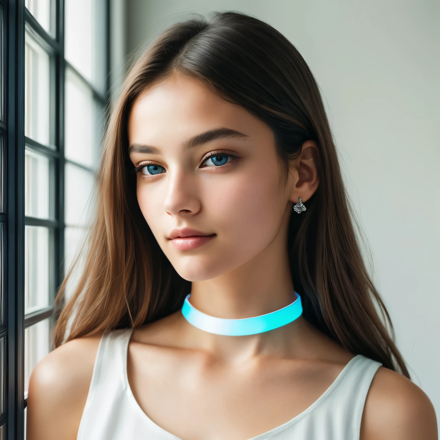 A luminous head-to-shoulder portrait of a charming student model, radiating soft, smooth skin, enhanced by the harmonious play of natural symmetrical features. Illuminated solely by the ethereal glow of neon light sources, her complexion glows with a dewy, radiant sheen. She dons a simple, white tank top with an elegant collar, revealing the intricate details of her noble visage. The photorealistic painting captures every minute detail with striking sharpness, the soft pastel colors sparkling in a symphony of light. Her deep, blue irises gaze deeply into the camera, inviting the viewer into her world of Innocence and grace. Met
