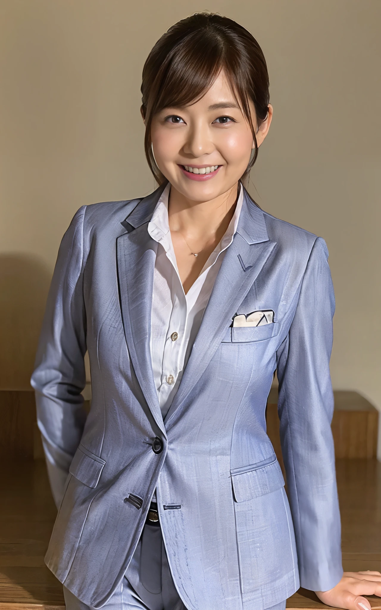 (Best quality, 8k, 32k, Masterpiece, UHD:1.2), 1 milf, ((cowboy shot)), beautiy Japanese office lady, (smile:0.2), (looking at the viewer), chubby:0.1, grey suit, white shirt, office room, desk,
