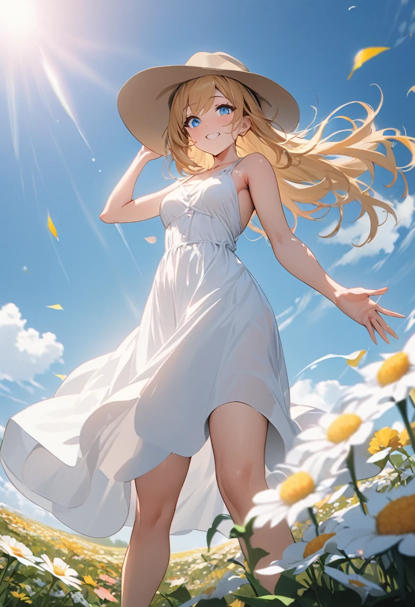 Masterpiece, Improved quality, High quality, Good anatomy, Healthy body, Whole fingers, Normal digits, 4k quality image, Girl, beautiful girl, perfect body, full body, perfect girl, back-length golden hair, blue eyes, natural smile, hat fedora, there is the sun, there is a river, in a field of flowers, wearing a plain white long dress, the wind blows her hair and dress, short hair, from below