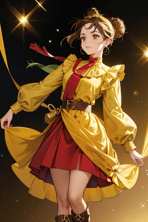 olive skin, brown eyes, and brown hair tied into a low bun. She wears gold diamond-shaped earrings with red gems. Her outfit consists of a yellow dress with a long sleeved teal undershirt, a dark yellow rope belt tied around her waist, brown boots, and a double teal headband. SPARKLE; GLITTER