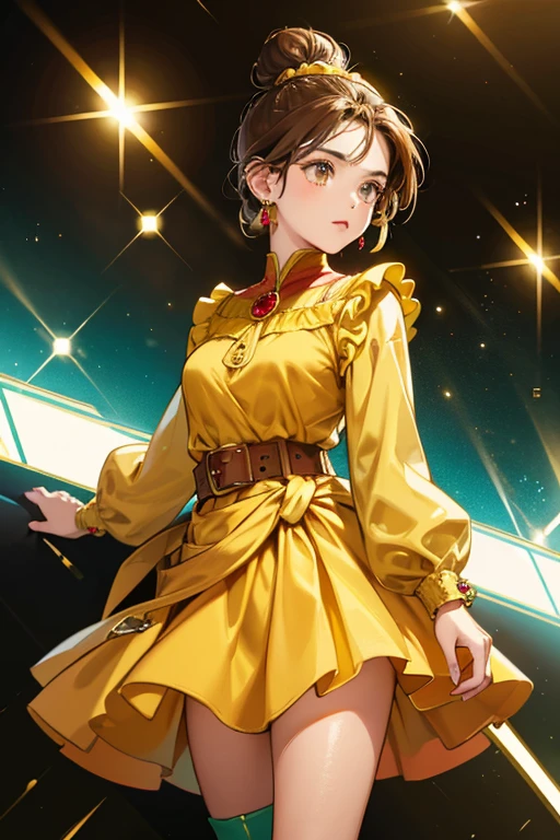 olive skin, brown eyes, and brown hair tied into a low bun. She wears gold diamond-shaped earrings with red gems. Her outfit consists of a yellow dress with a long sleeved teal undershirt, a dark yellow rope belt tied around her waist, brown boots, and a double teal headband. SPARKLE; GLITTER