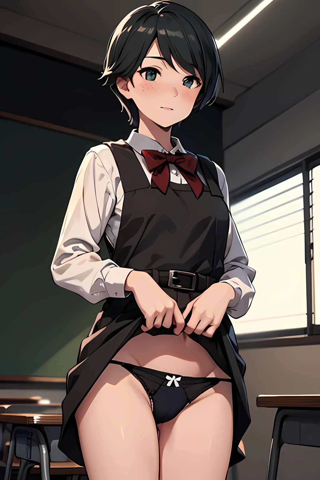 ((masterpiece,best quality)), highres, extremely detailed 8K wallpaper, depth_of_field, best shadow, (Colorful),(Delicate eyes and face), Perfect hands, (no lighting), Ray tracing, BREAK
(1girl), mogami \(kancolle\), black hair, short hair, black eyes / green eyes, swept bangs, (full-face blush), slender, skinny, best smile, parted lips, BREAK,
standing, perfect hands, BPD,((black pinafore dress)),long skirt,red bowtie,belt, BREAK, (clothes lift :1.4), (lifted by self:1.4), (panty aside:1.6), crotch focus,
Cowboy Shots and knee, school, classroom, (((night time))), ((dark backgrounds:1.2)),