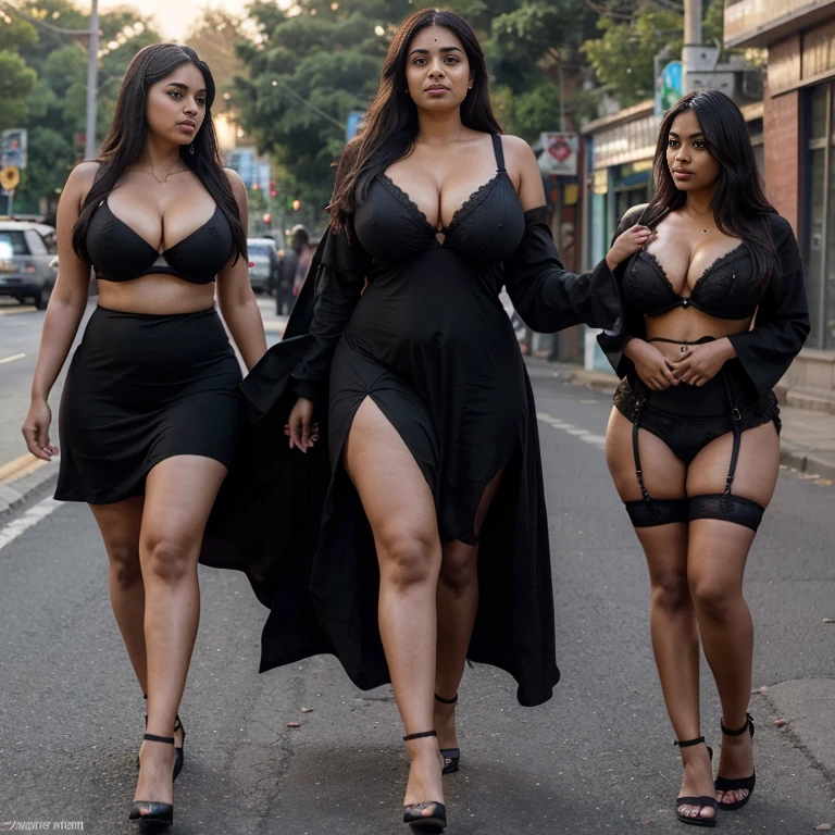 Indian women,30 year old,pretty face,big and voluptuous breasts, gigantic and enormous butt, thickest thigh,huge knockers,widest hips, lowest waist,slim tummy, wearing black slave harem dress with black bra and black panty and black robes, walking at public road,her dress is blowing by wind