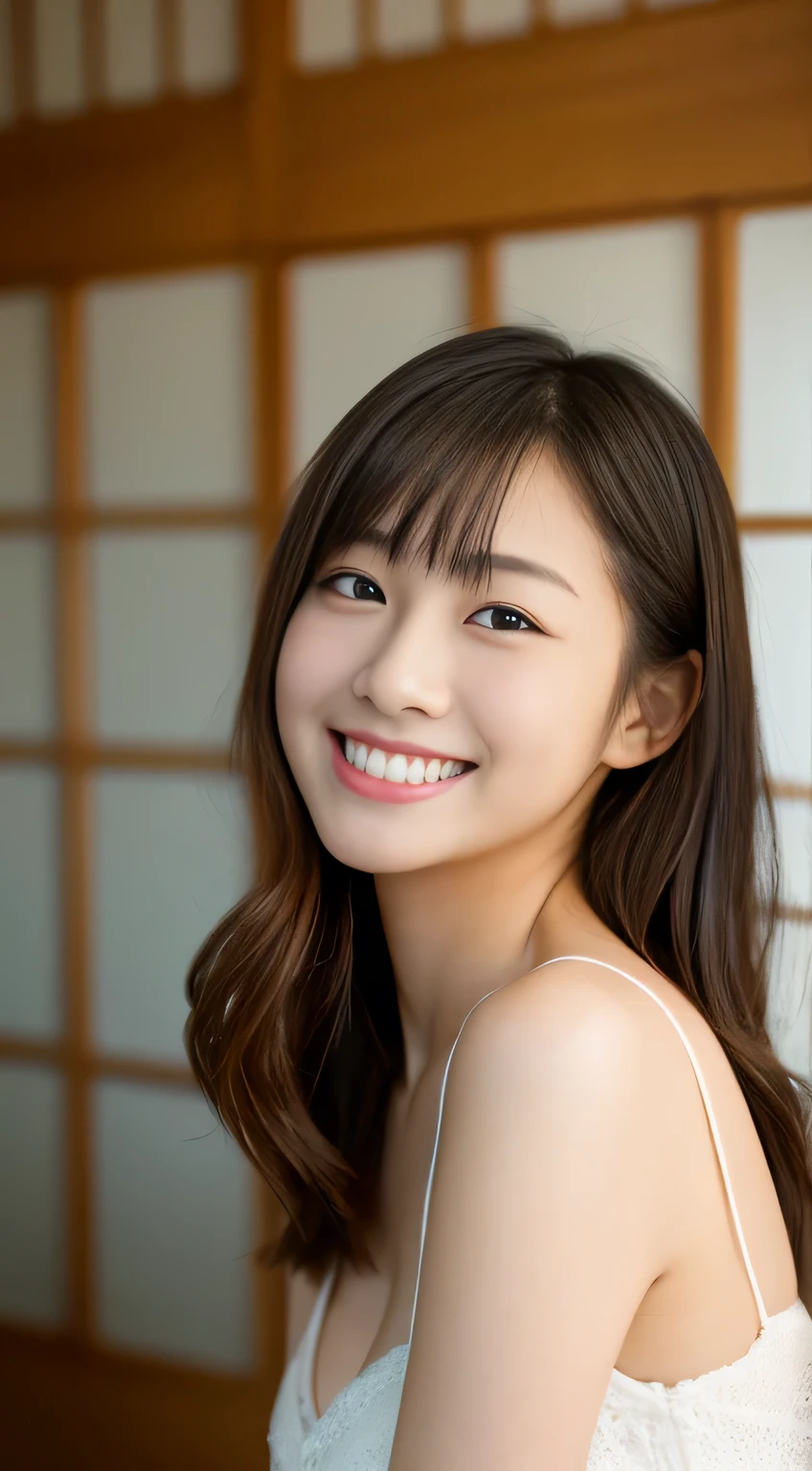 masterpiece,best quality,(Japanese ),((Beautiful girl)),cleavage,indoor,(perfect body beauty:1.2),(shy smile),beautiful teeth,