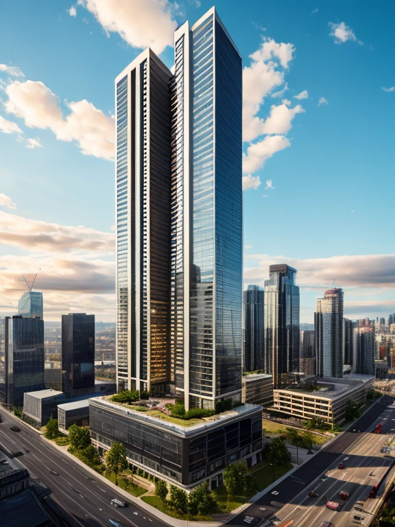 Futuristic banking type building, very tall and huge, very detailed and decorated, in a futuristic urban environment, very high touching the clouds